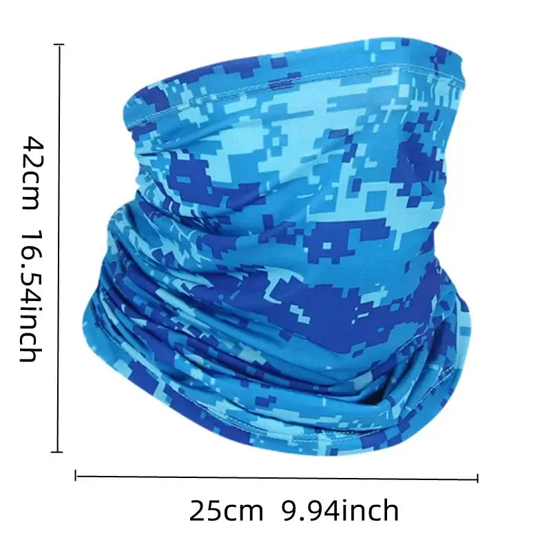 Camo face scarf for fishing in blue digital camouflage pattern, ideal for outdoor sports and protection