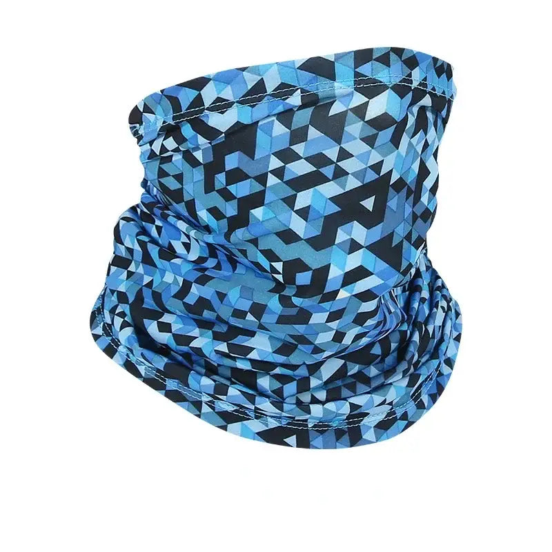 Camo face scarf for fishing featuring a blue geometric pattern ideal for outdoor activities