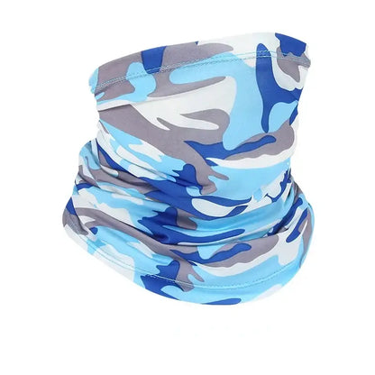 Camo face scarf for fishing in blue and gray tones, ideal for outdoor fishing activities