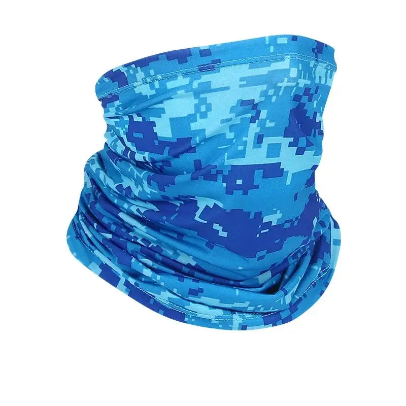 Camo face scarf for fishing in blue digital camouflage pattern for sun protection while fishing
