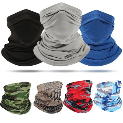 Variety of camo face scarf for fishing in different colors and patterns for outdoor enthusiasts