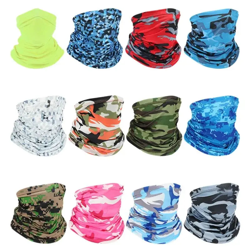 Variety of camo face scarf for fishing in different colors and patterns for outdoor protection