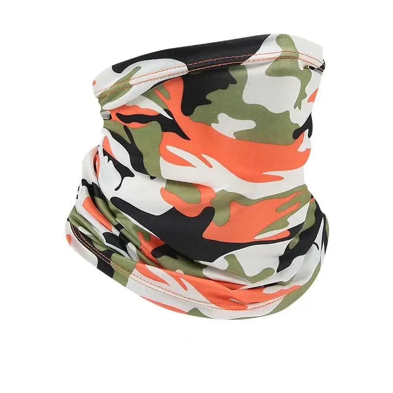 Camo face scarf for fishing with vibrant orange, green, and black colors for outdoor enthusiasts
