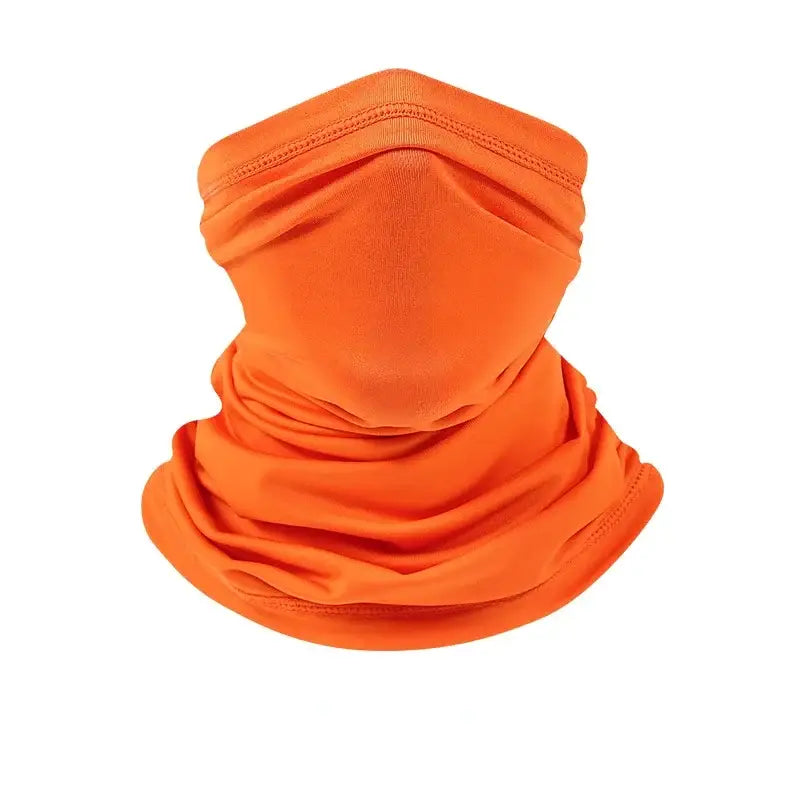 Bright orange camo face scarf for fishing, ideal for sun protection during outdoor activities