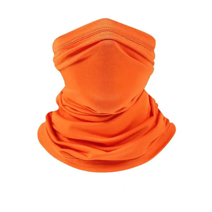 Bright orange camo face scarf for fishing, ideal for sun protection during outdoor activities