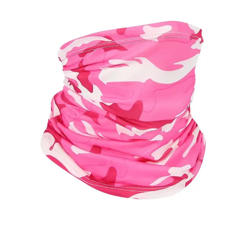 Camo face scarf for fishing in pink camouflage pattern, perfect for outdoor activities