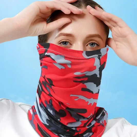 Red and gray camo face scarf for fishing, providing sun protection and warmth on cold days