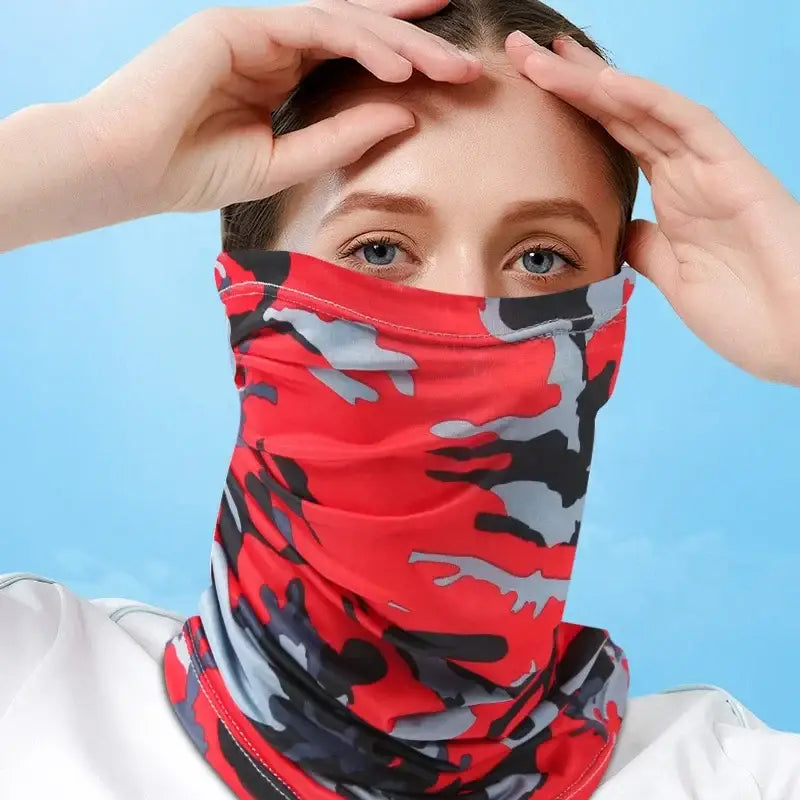 Red and gray camo face scarf for fishing, providing sun protection and warmth on cold days