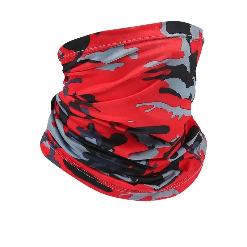 Camo face scarf for fishing in red and gray camouflage pattern for outdoor protection