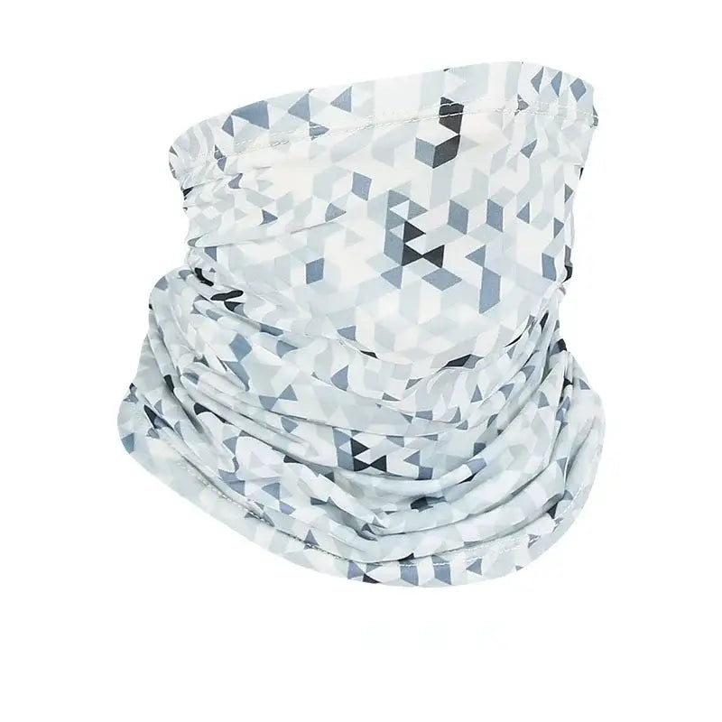 Camo face scarf for fishing in a geometric gray pattern for ice fishing protection