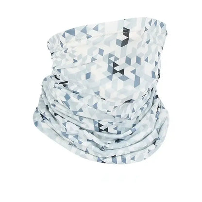 Camo face scarf for fishing in a geometric gray pattern for ice fishing protection