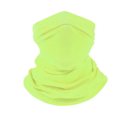 Bright yellow camo face scarf for fishing, perfect for protection and warmth while ice fishing