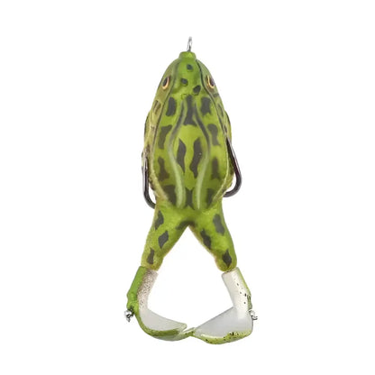 Double propeller frog lure in green with realistic detailing for effective freshwater fishing
