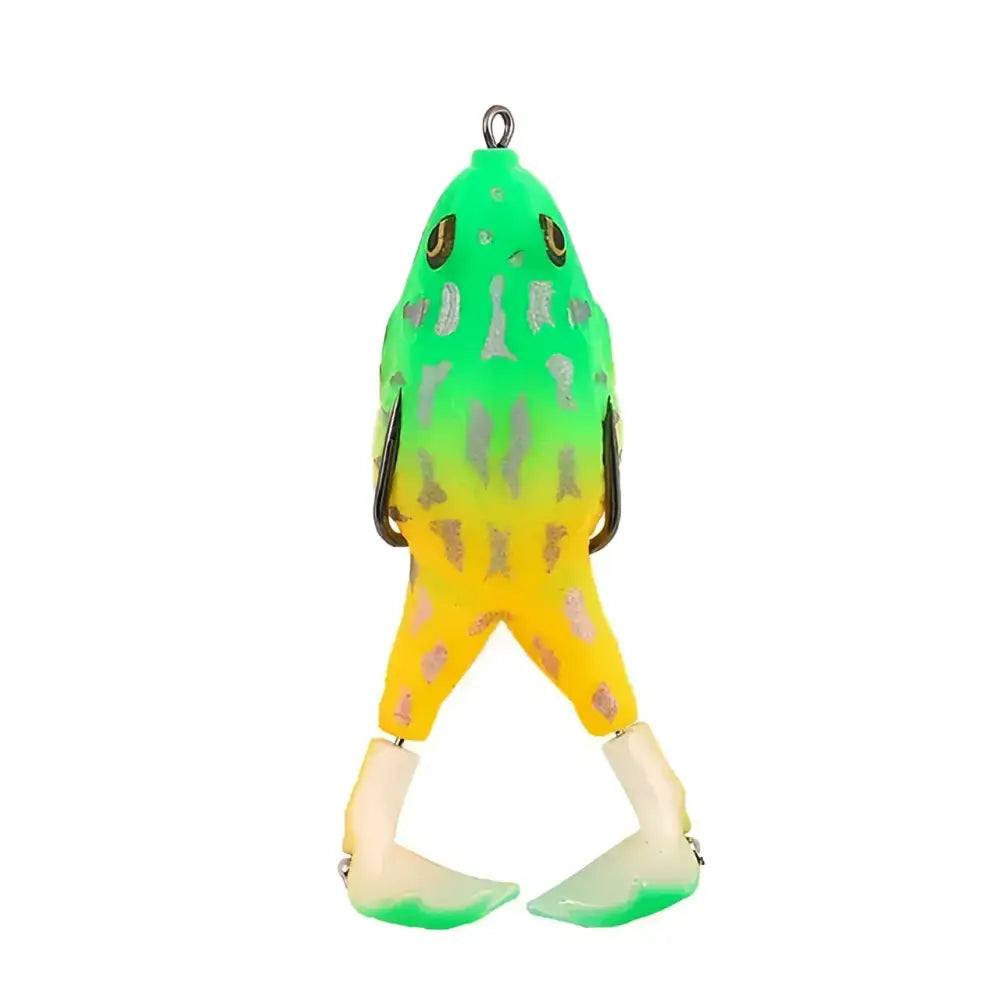 Double propeller frog lure in green and yellow design with realistic details for effective fishing