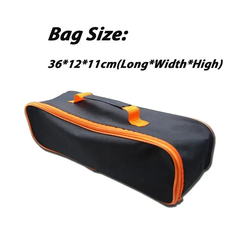 Durable fishing rod and tackle combo storage bag with orange zipper, measuring 36x12x11cm