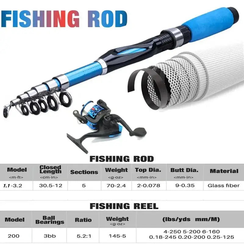 Fishing rod and tackle combo featuring a blue telescopic fishing rod and spinning reel