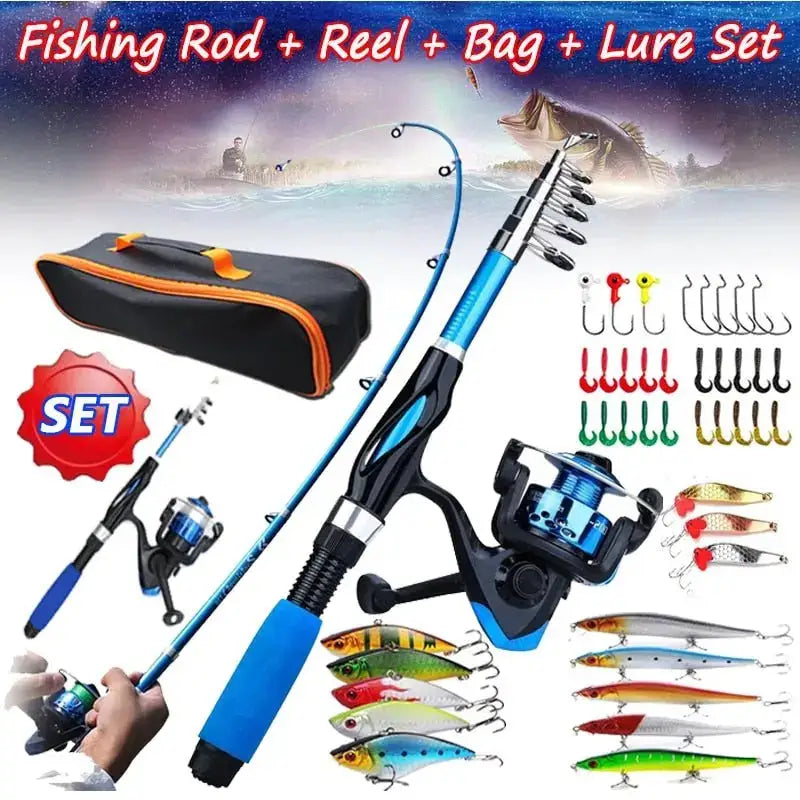 Fishing rod and tackle combo including rod, reel, bag, and assorted lures for fishing trips