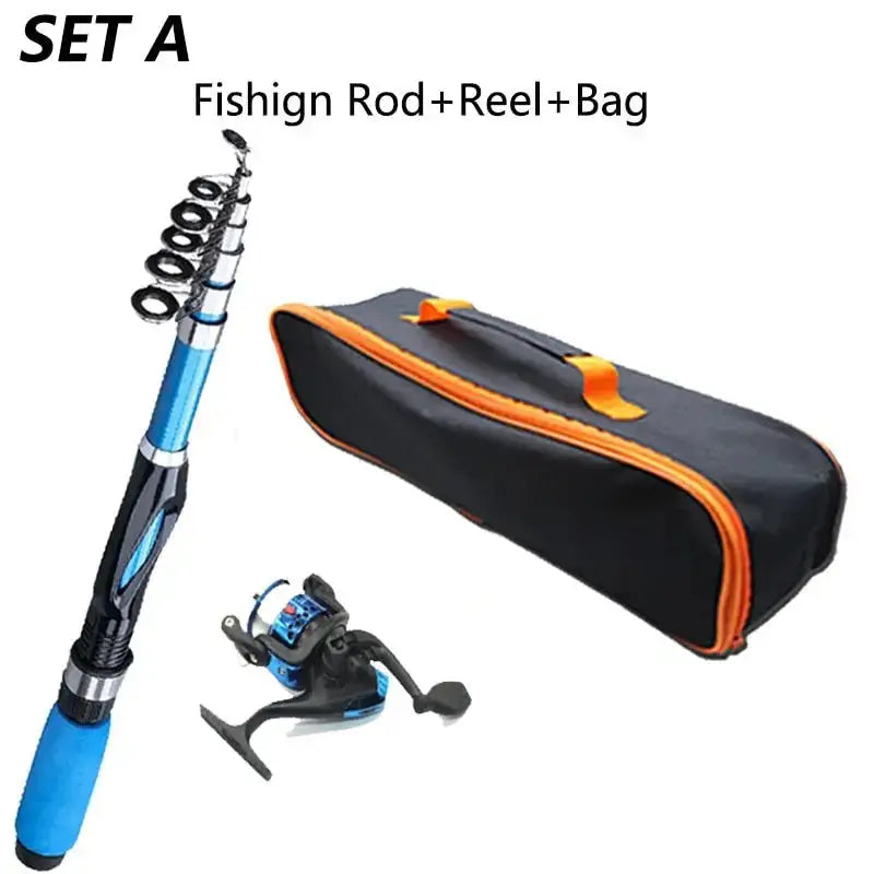 Fishing rod and tackle combo featuring a blue fishing rod, reel, and carry bag for convenient storage