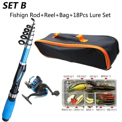 Fishing rod and tackle combo with reel, bag, and 18 lure pieces for successful fishing trips