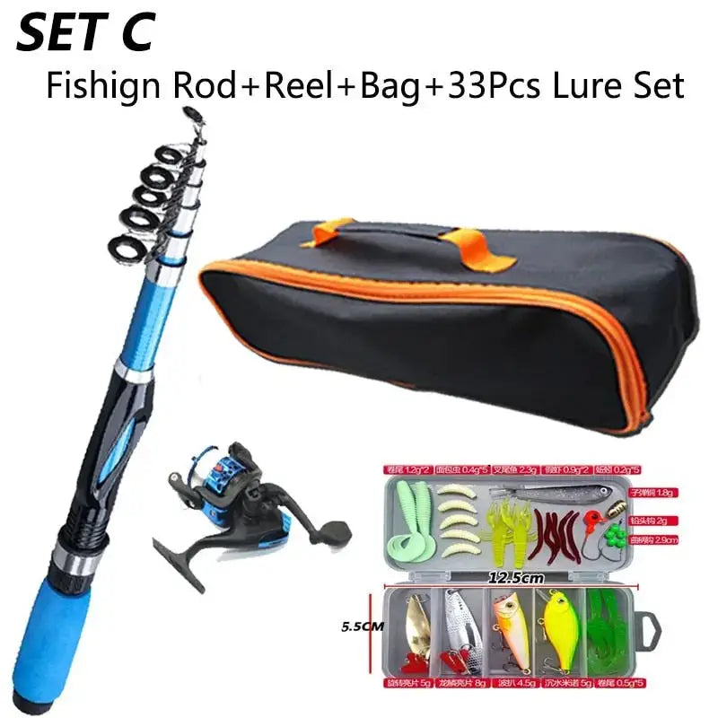 Complete fishing rod and tackle combo set with reel, bag, and 33 lure pieces for avid anglers