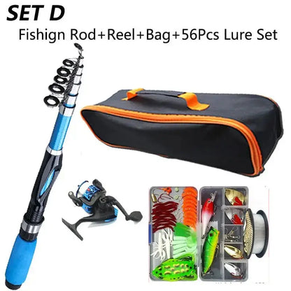 Fishing rod and tackle combo including a rod, reel, bag, and 56-piece lure set for anglers