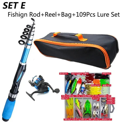 Fishing rod and tackle combo featuring a blue fishing rod, reel, bag, and 109 lures for fishing enthusiasts