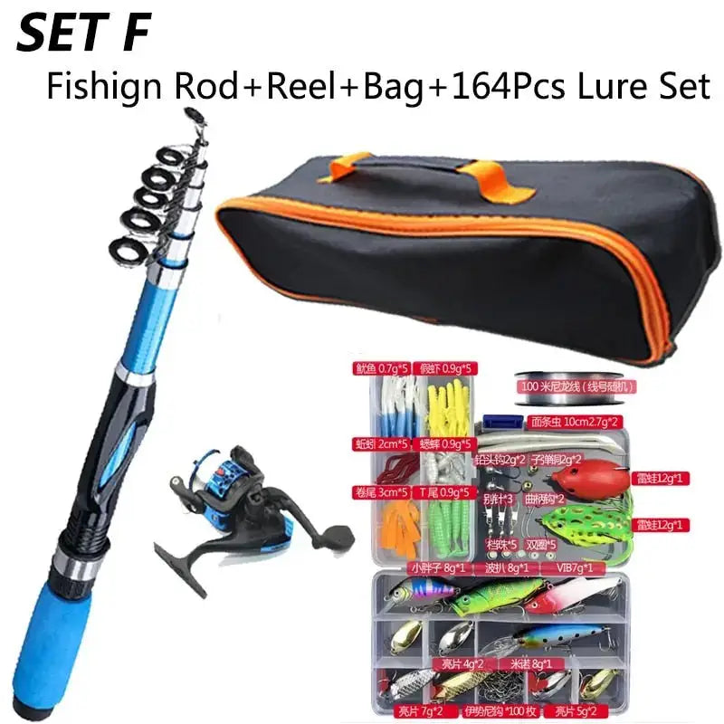Fishing rod and tackle combo including rod, reel, bag, and 164-piece lure set for anglers
