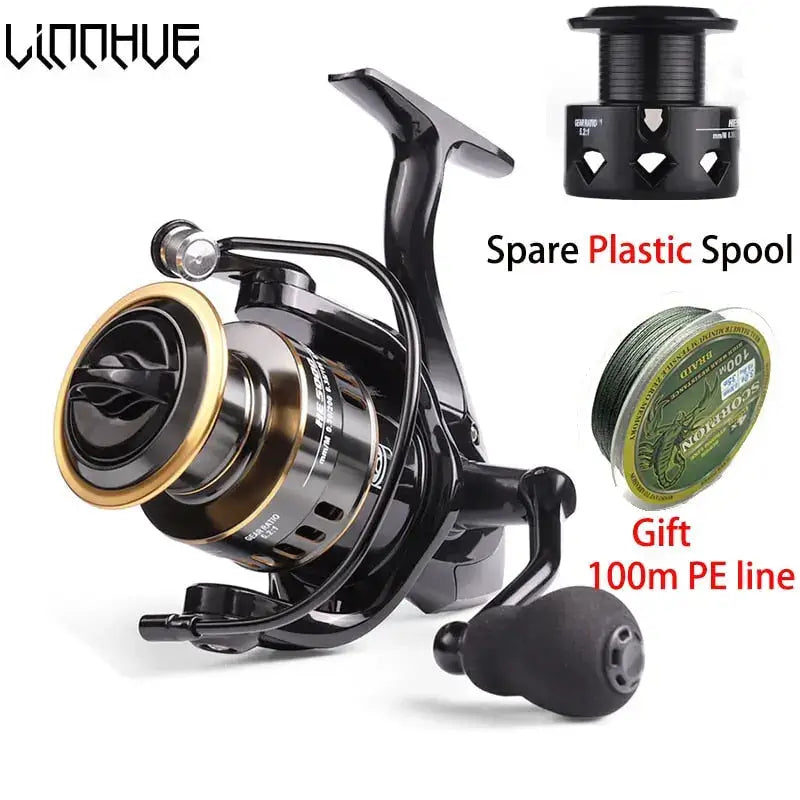 HE500-7000 fishing reel with spare plastic spool and 100m PE line for successful fishing trips