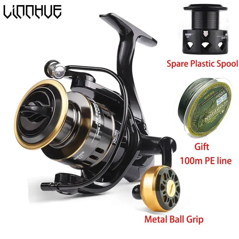 HE500-7000 fishing reel with spare plastic spool, metal ball grip, and 100m PE line gift