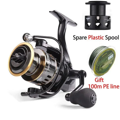 HE500-7000 fishing reel with spare plastic spool and 100m PE line for optimal fishing performance