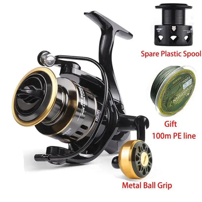 HE500-7000 fishing reel featuring a metal ball grip and spare plastic spool for enhanced fishing performance