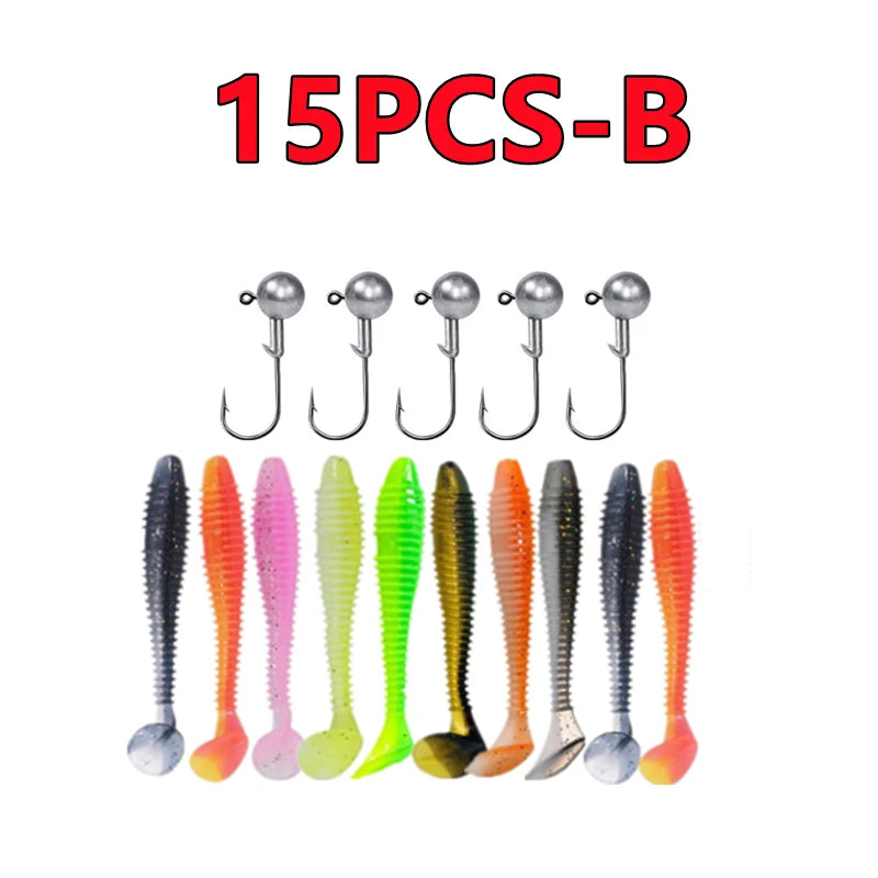 15-Piece Soft Fishing Lures Kit with Variety of Colors and Jig Heads for Effective Fishing