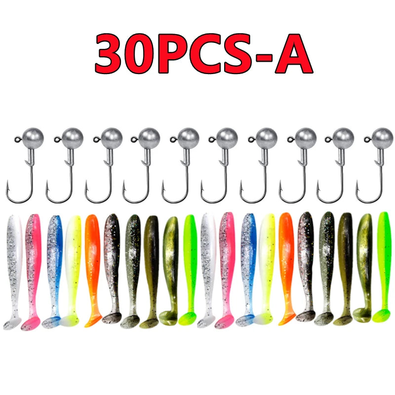 30PCS soft fishing lures kit with assorted colors and hooks for effective fishing