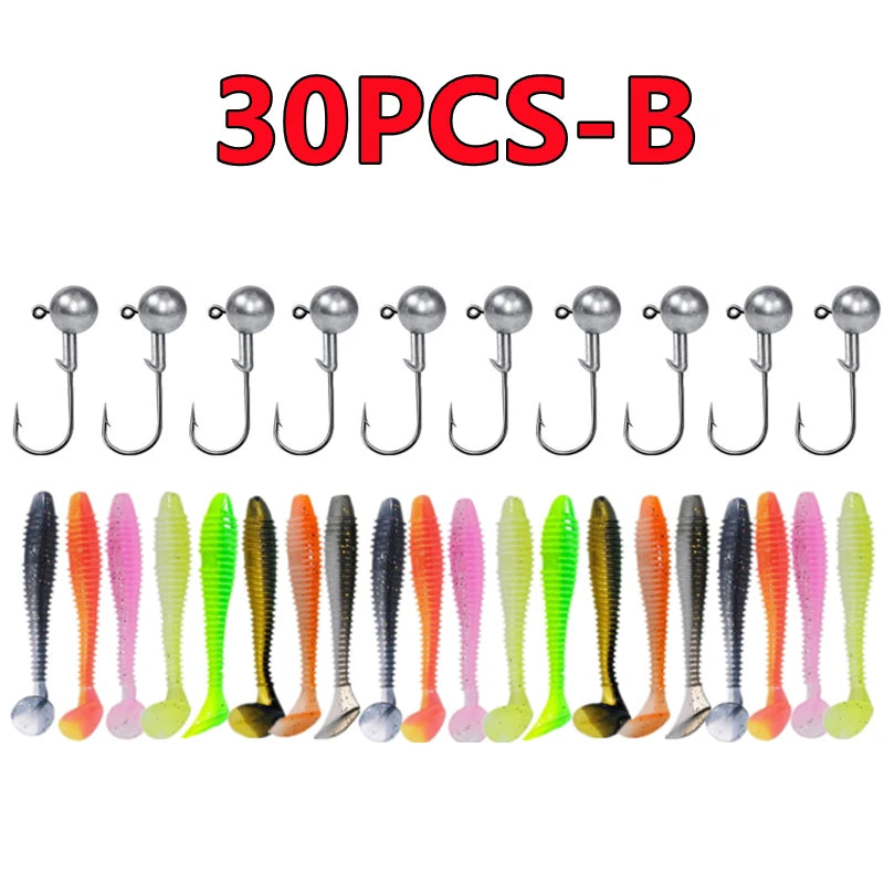 Soft fishing lures kit with 30 colorful lures and jigs for effective fishing adventures