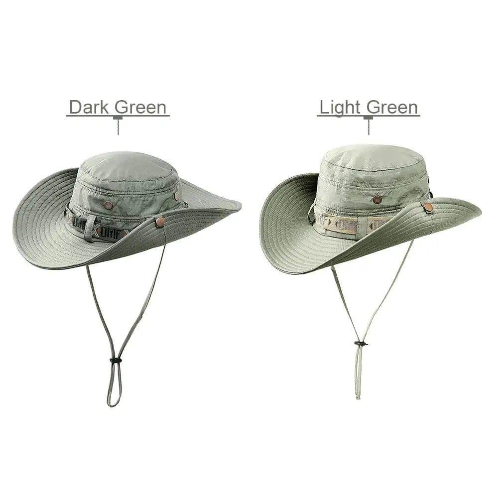 Dark Green and Light Green sun protection fishing hats with adjustable straps for outdoor comfort