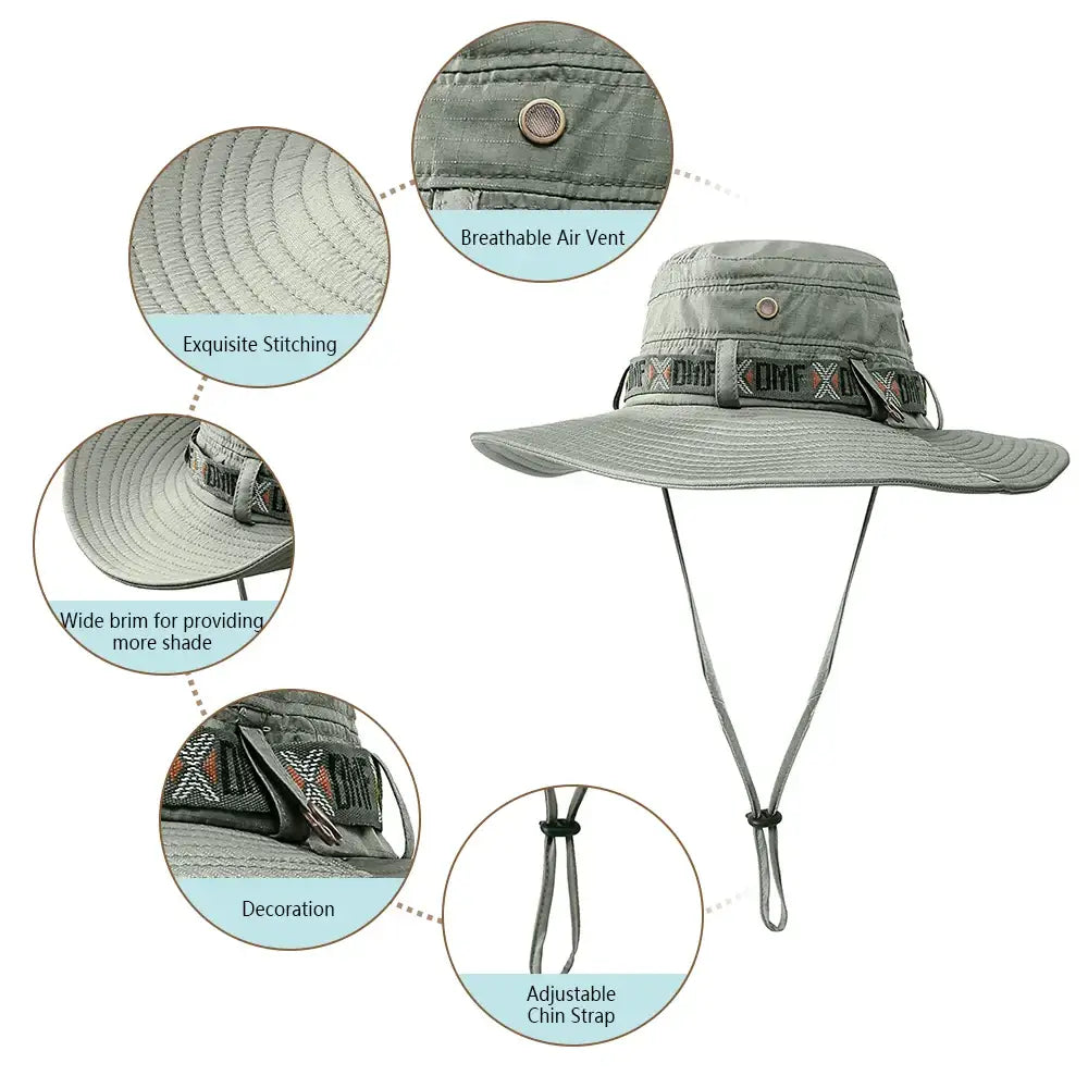 Lightweight sun protection fishing hats with adjustable chin strap and wide brim for maximum shade