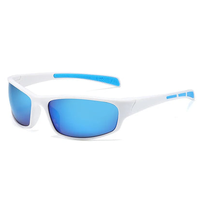 Stylish UV protection fishing glasses with blue-tinted lenses and white frame for outdoor anglers