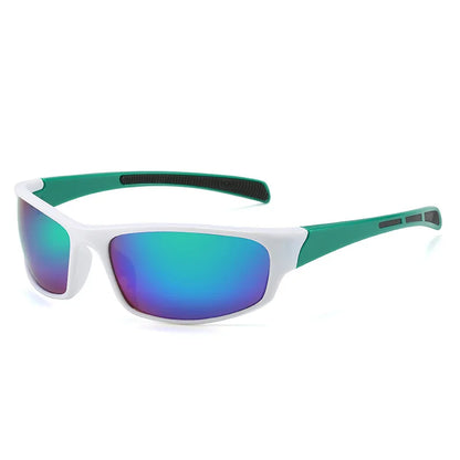 UV protection fishing glasses with stylish white and green frame and mirrored lenses
