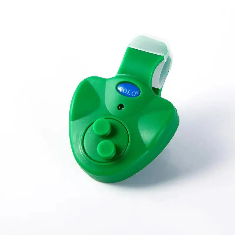 Green audible fishing alarm designed for easy attachment to fishing rods, enhances your fishing experience