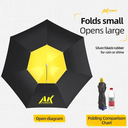 Folding umbrella hat for fishing with a silver and black design, folds small for easy transport